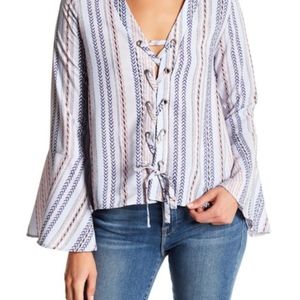 Vintage Havana Bell Sleeve Blue Lace Up Top